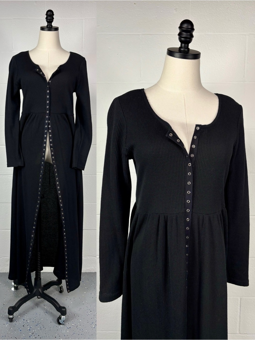 Vintage 90s Black Waffle Knit Henley Maxi Dress Full Snap Front Empire Waist M